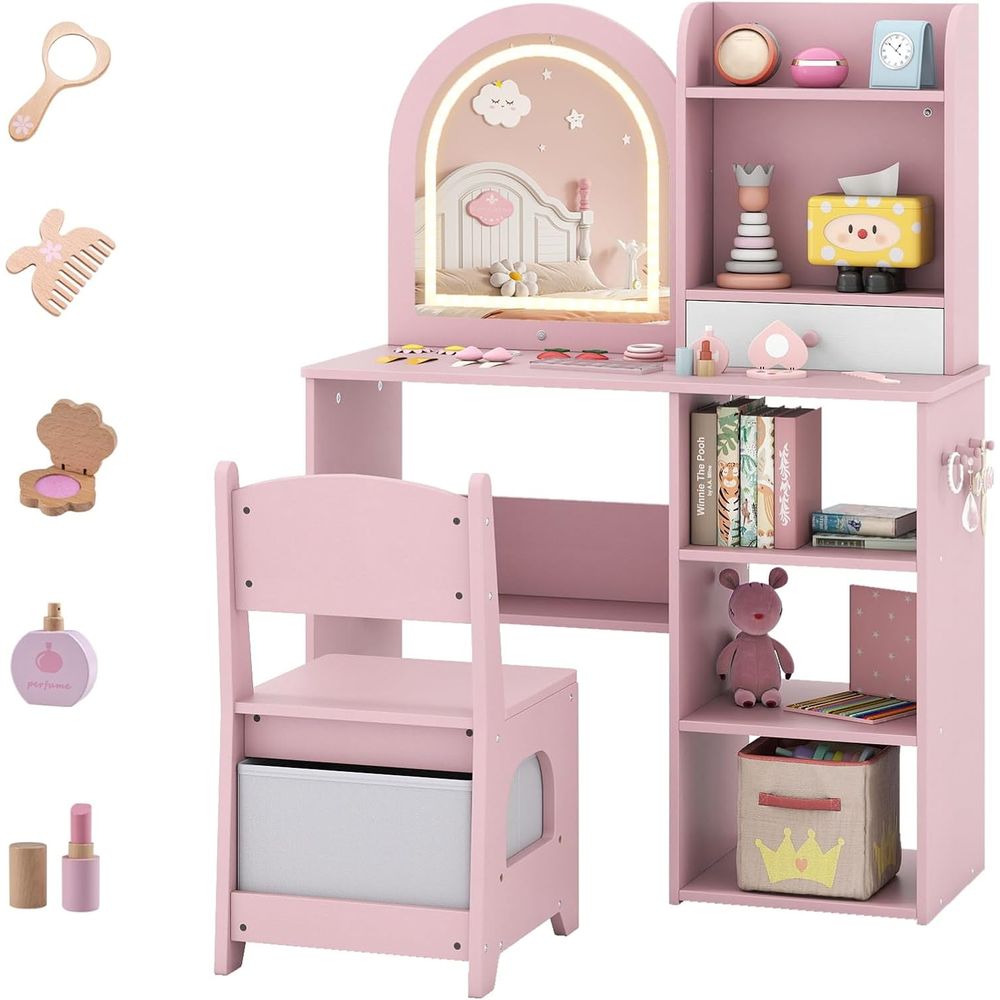 照明付き女の子用化粧台セット、ミラー、収納、フック、棚、幼児用化粧机、ピンクの木製化粧台、椅子付き