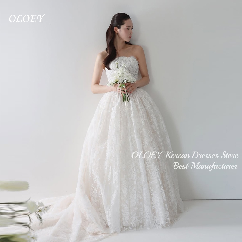 OLOEY 高級フルレースアップリケ韓国のウェディングドレスストラップレスのブライダルドレス写真撮影用カスタマイズ Vestidos Novias Boda