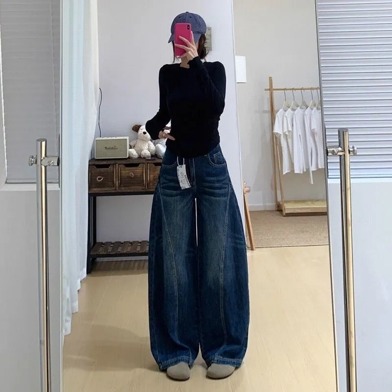 Y2k レディースジーンズルーズフィットストレートレッグワイドパンツだぶだぶのデニムパンツカジュアルストリートハイウエストヴィンテージウォッシュ Y2k ジーンズ