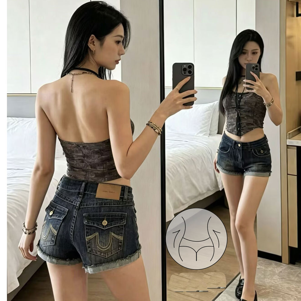 レトロアメリカンスパイシーガール刺繍ハイウエスト弾性スリムフィットデニムショーツ女性夏の高弾性ボディシェイピングホット