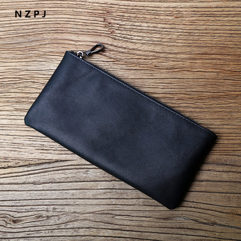 NZPJ レザーメンズ長財布トップレイヤーレザージッパー超薄型財布レトロトレンドハンド携帯電話バッグシンプルなレディース財布