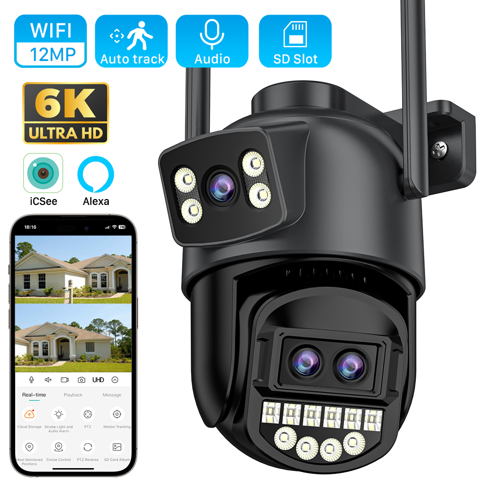 12MP 6K HD WiFi IP カメラ屋外 8X ズーム 3 レンズデュアルスクリーン PTZ カメラ自動追跡 6MP セキュリティ CCTV 監視カメラ