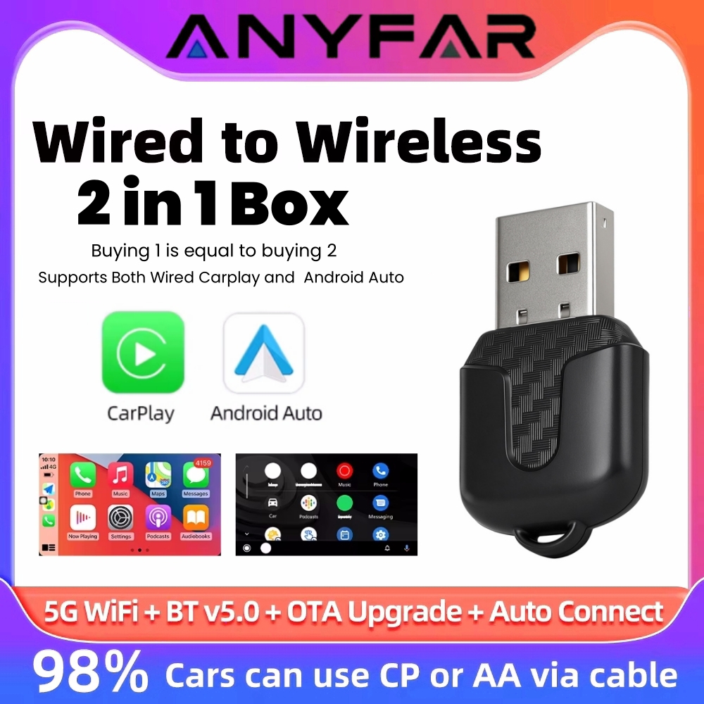 ANYFAR 2 in 1 有線 to ワイヤレス CarPlay Android Auto アダプター OEM カーステレオ用 USB ドングルミニボックスプラグアンドプレイ Bluetooth