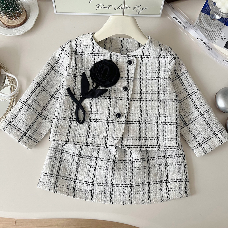 キッズガールズ服セット O ネックシングルブレストチェック柄長袖スカートセット花刺繍甘いスタイルスーツ女の子のための