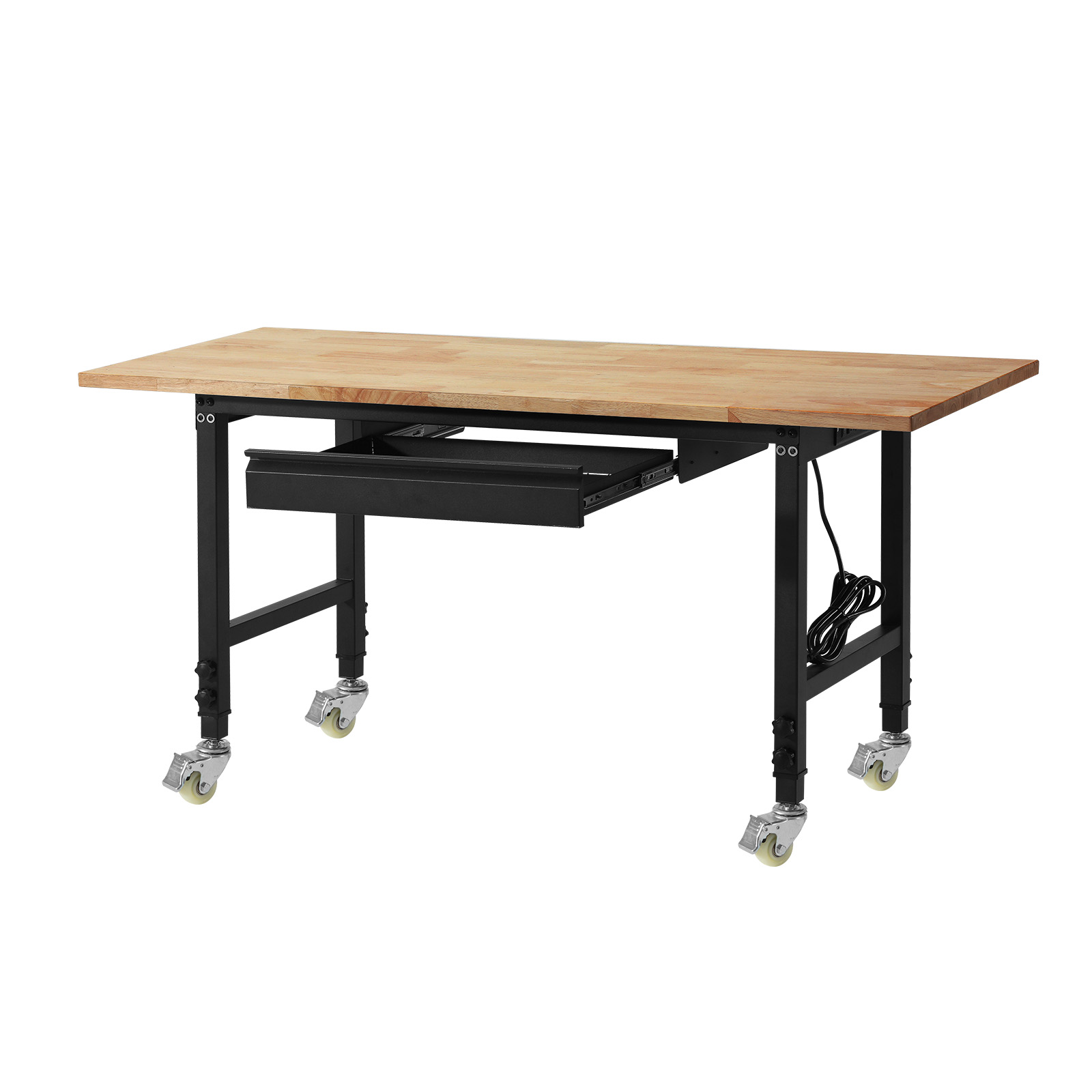 SucceBuy 車輪付き調節可能なワークベンチ オーク材トップ 60x24 耐荷重2000ポンド 引き出し電源コンセント付き ガレージワークショップ用