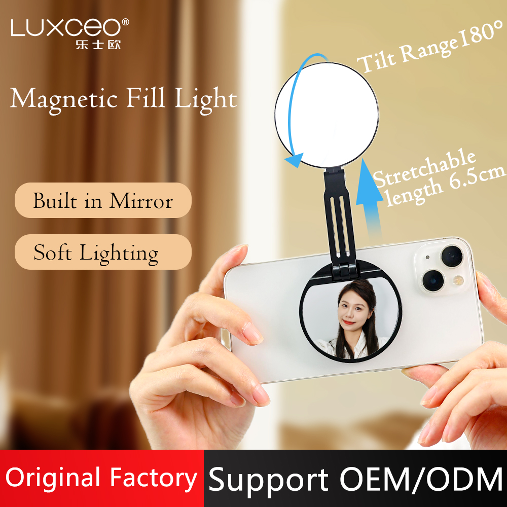 LUXCEO R1 磁気電話ライト、iPhone /Huawei/Xiaomi 用ポータブル自撮りフィルライトスタンド、Vlog ビデオ通話用の最大輝度