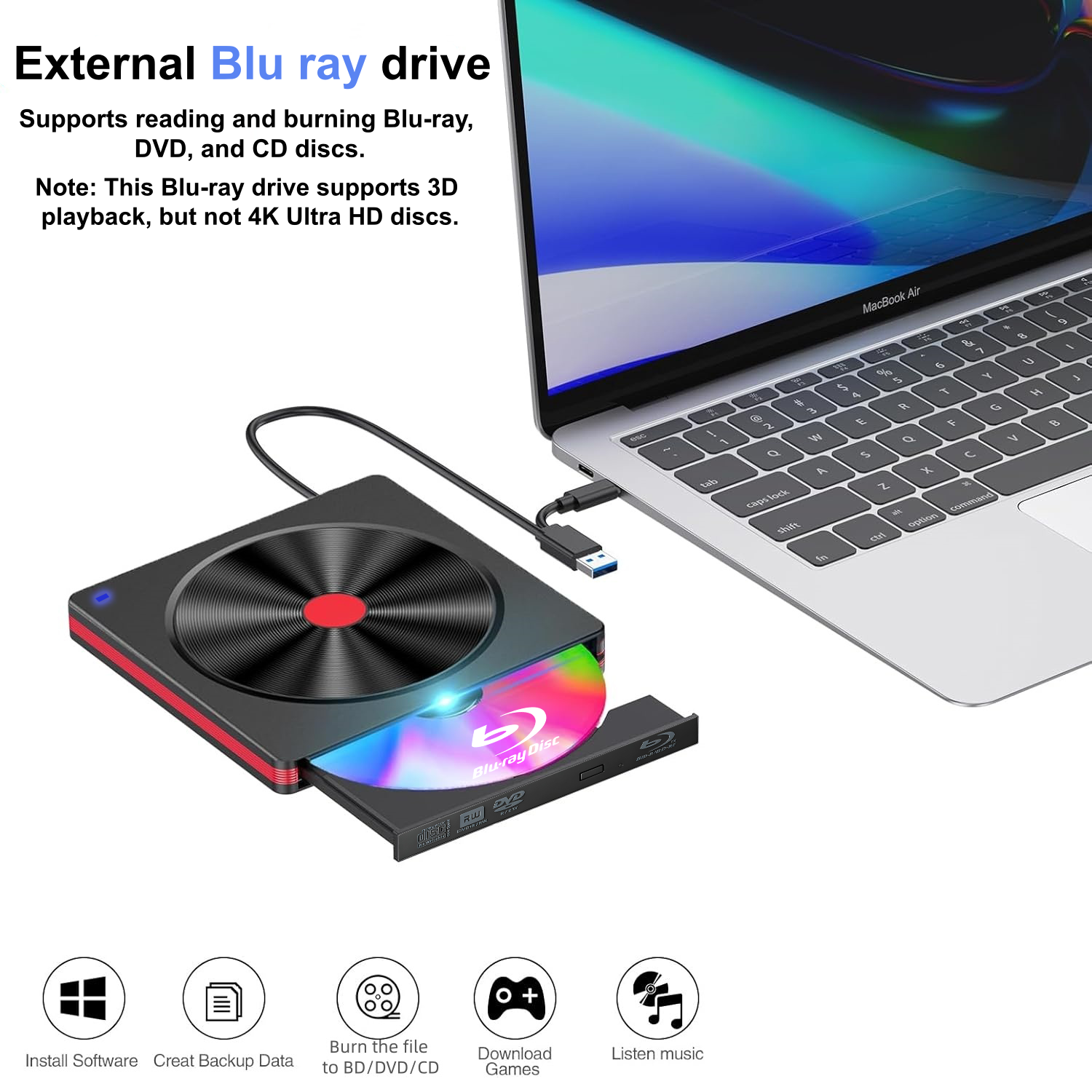 External Blu-ray Drive, USB 3.0 & Type-C Blu-ray Recorder Burner,DVD/CD/BD Player Reader Writer Optical Drive for Laptop Desktop