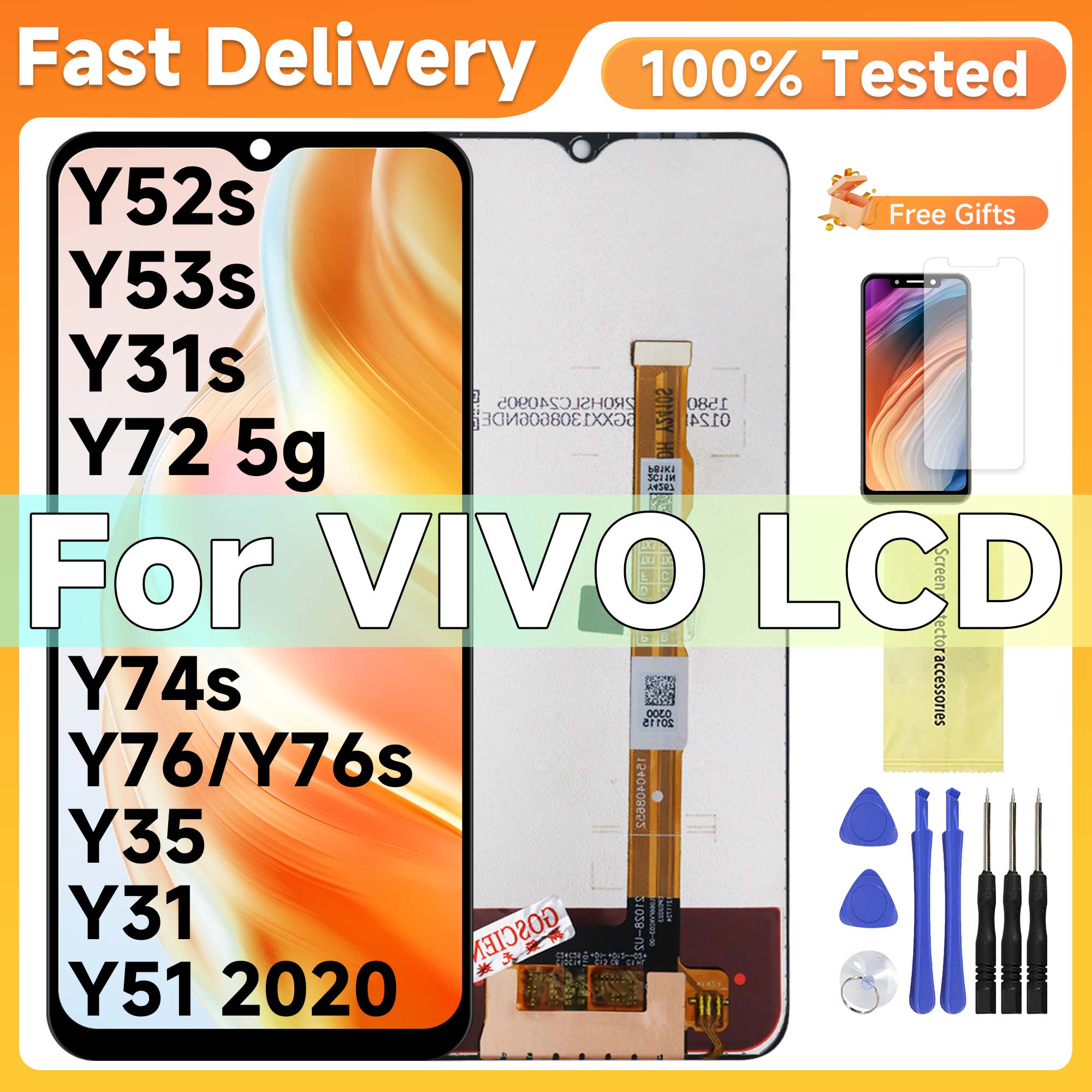 テスト済み 6.58 "VIVO Y52s Y53s Y31s Y72 5g Y74s Y76 Y76s Y35 Y31 Y51 2020 Lcd ディスプレイタッチスクリーンデジタイザの交換