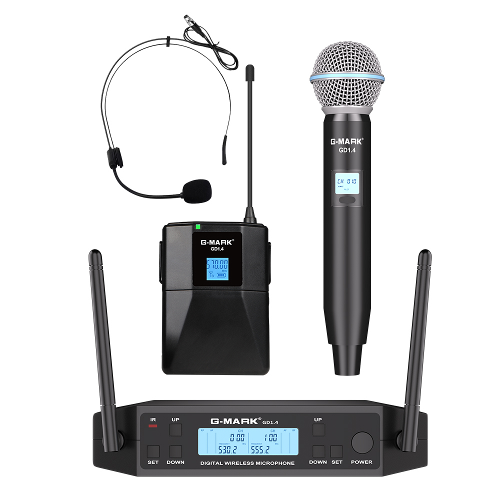 ワイヤレスラベリアマイク G-MARK GD1.4 UHF プロフェッショナルヘッドセットクリップマイクボディパック周波数調整可能な 50 メートルパーティーショー用