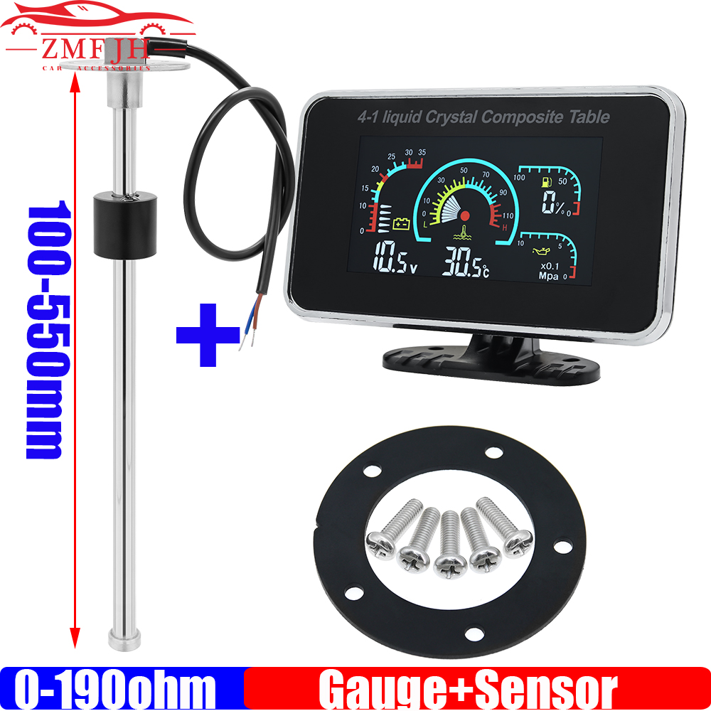 ZMFJH 4In1 LCD ゲージ 0-190ohm デジタル水温燃料レベル電圧計油圧計アラームオイルタンクレベルセンサー付き