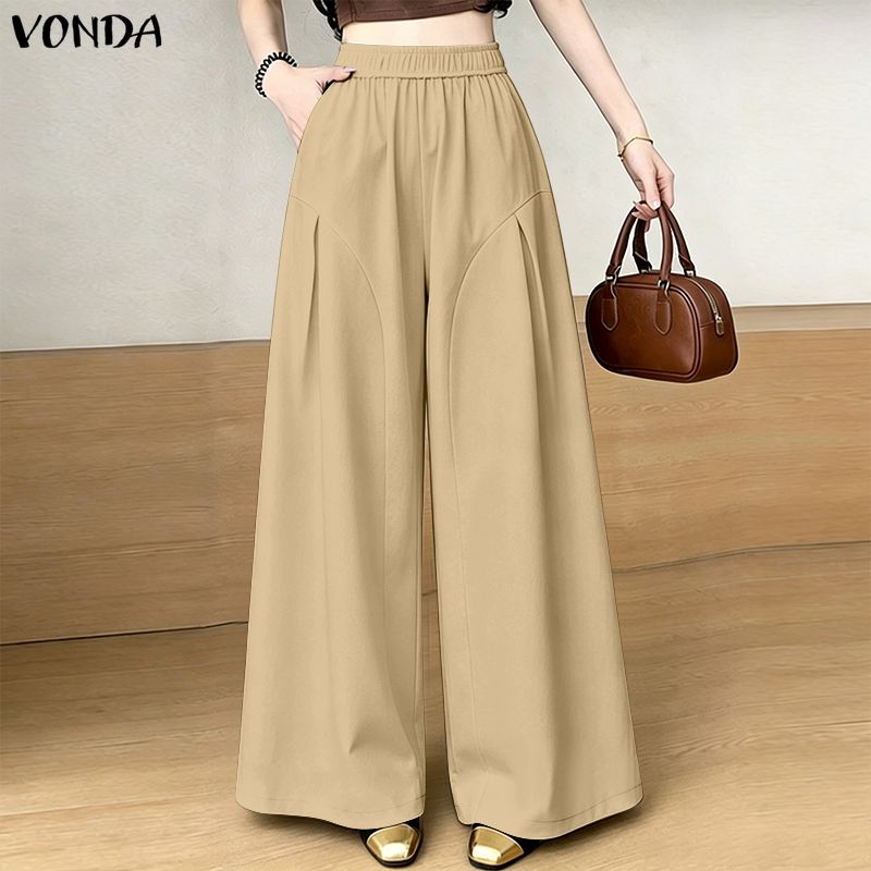 VONDA ファッション女性ワイドレッグパンツ夏秋無地長ズボンストリートオーバーサイズ OL 作業パーティーカジュアルプリーツパンツ