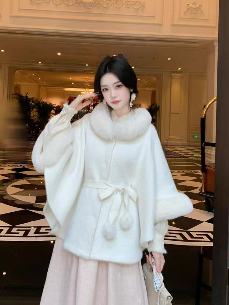 フェイクミンクケープ女性のための春韓国の高級毛皮の襟ハーフカーディガンジャケット Y2K エレガントなパーティールーズレースアップ豪華なアウターウェア
