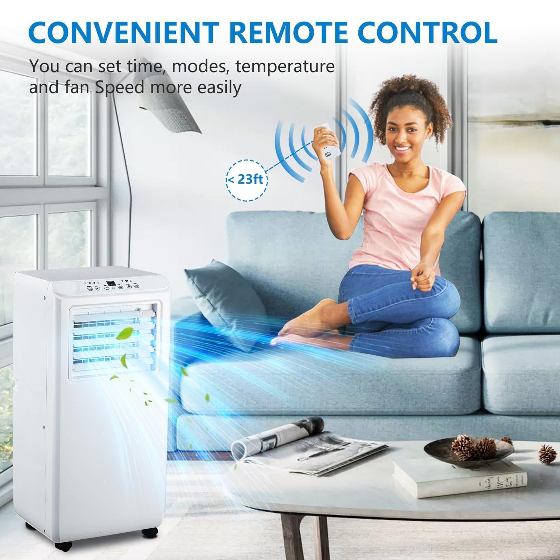 ポータブルエアコン、最大450平方フィートの部屋用10,000 BTU、冷却、除湿器、ファン、リモコン、ウィンドウキット付きスマートコンパクトACユニット、ホワイト
