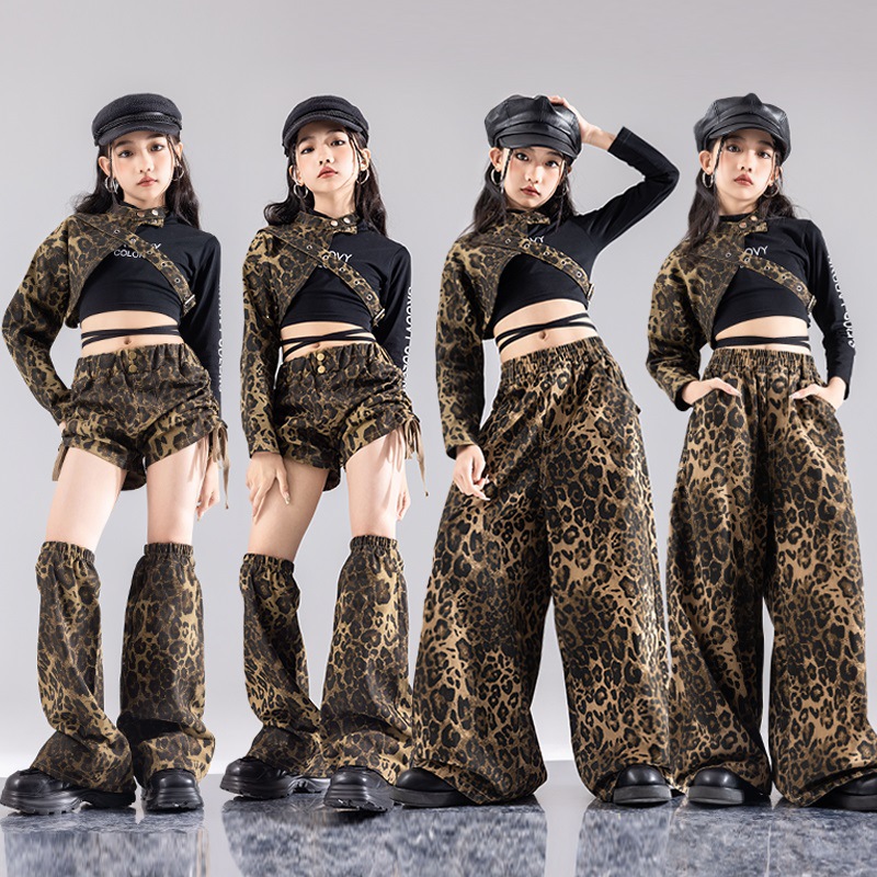 ヒップホップセットガールズクロップトップヒョウカフカーゴパンツ子供ストリートショーツ子供ジャズストリートダンス服ガールグループ衣装