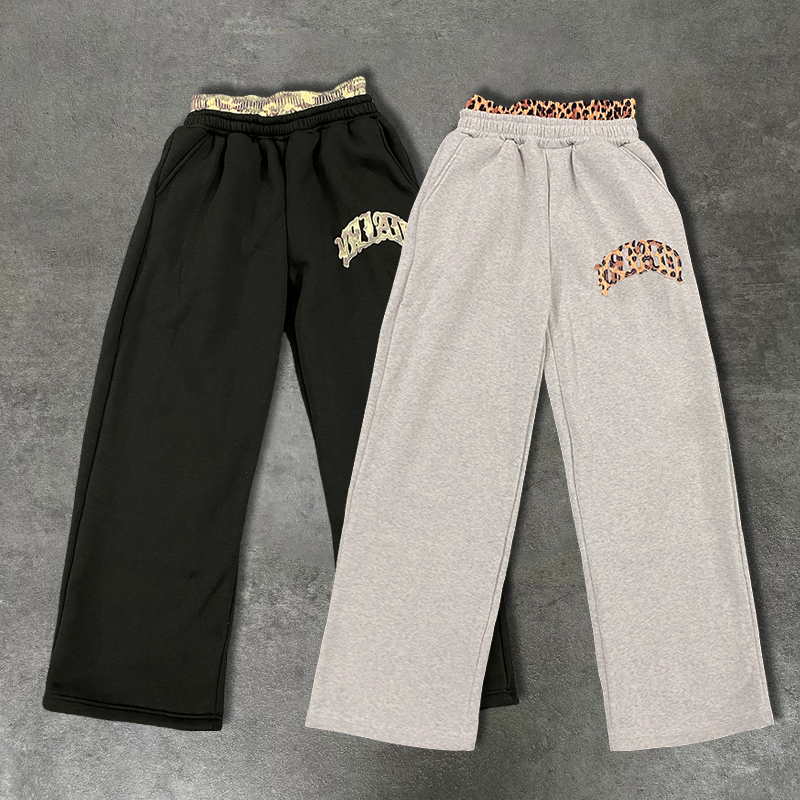 ヒョウ柄レター刺繍ダブルウエストバンドストリートカジュアルパンツY2Kスタイル男性と女性の多用途スウェットパンツ