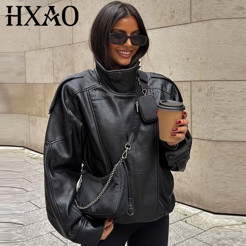 HXAO 女性のジャケットブラックフェイクレザージャケット女性 2025 非対称長袖アウターウェア新コート