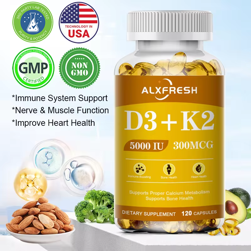 ビタミン D3 K2 5000 IU 300 MCG ビタミン カプセル |非遺伝子組み換え、ビーガン、ナチュラル、グルテンフリー |健康補助食品