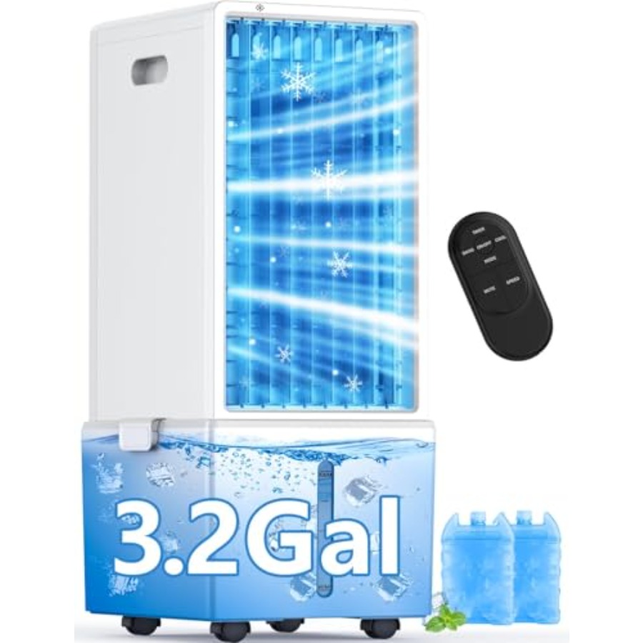 屋内用ポータブル蒸発空気クーラー、プラスチック製ハウジング、白、4-in-1 機能、3.2 ガロンのタンク付き、30 時間冷却、WA