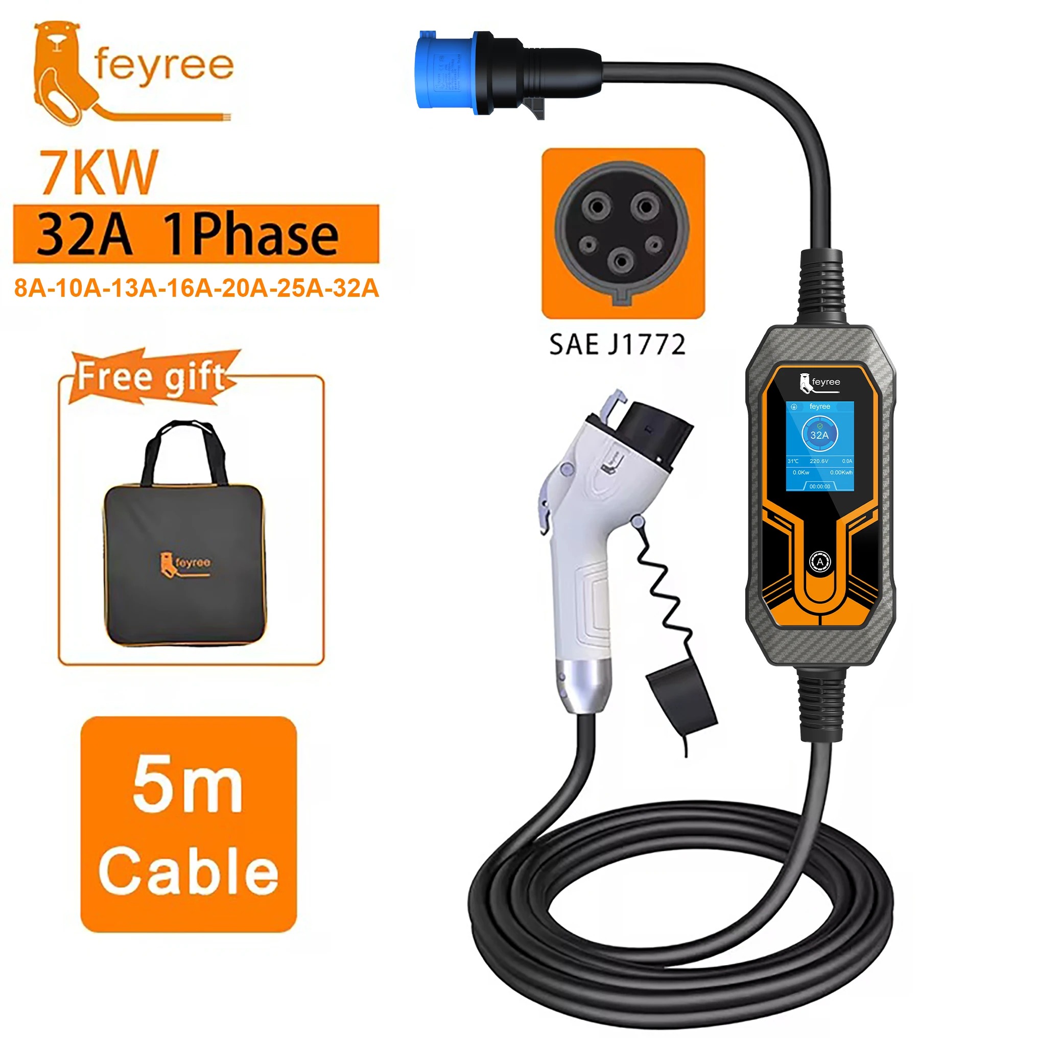 Feyree Type1 J1772 7kW 32A 1 相ポータブル EV 充電器ウォールボックス CEE プラグ付き EVSE 充電ボックス電気自動車充電器用 5 メートルケーブル