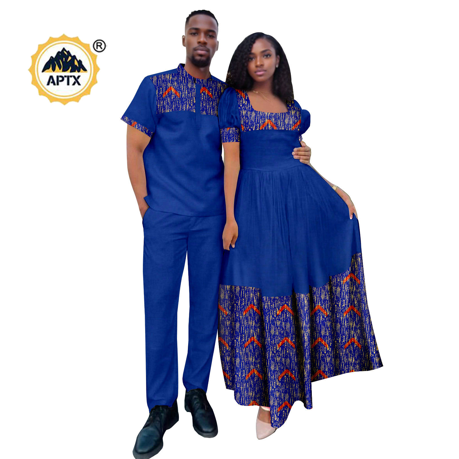 アフリカンプリントランタンスリーブロングドレス女性のためのマッチングカップル衣装 Dashiki 男性パッチワークトップとパンツセット 24C092