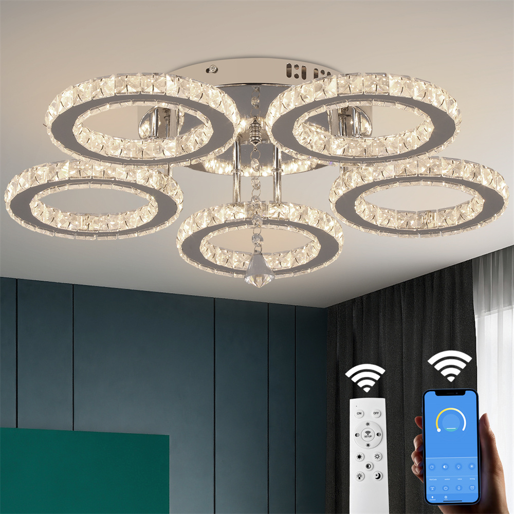 モダンなクリスタルシャンデリア アプリ付き 調光可能な天井照明器具 リング形状 フラッシュマウントシャンデリア 寝室 リビングルーム用