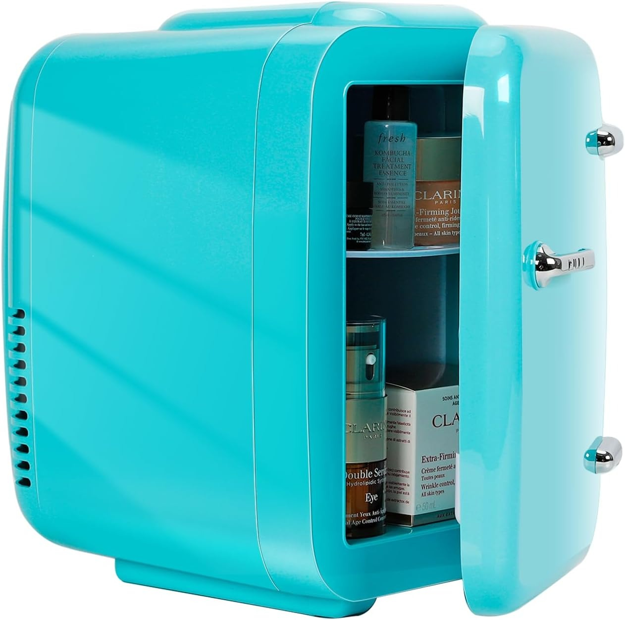 ミニ冷蔵庫、寝室用4リットル/6缶小型冷蔵庫、110V AC/12V DC熱電クーラーとウォーマー、ブルー