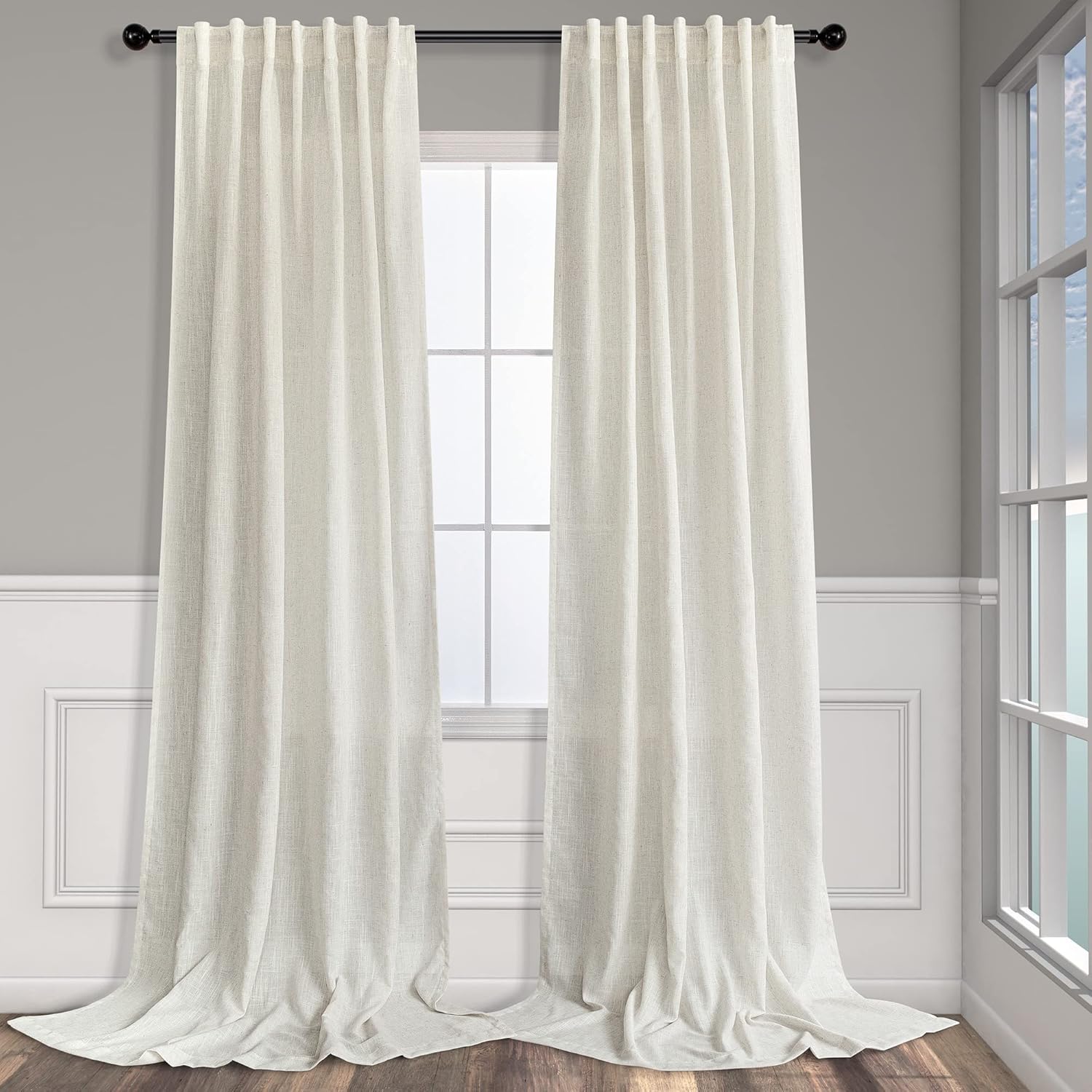 Natural Linen Back Tab Curtains 84 Inch Length for Living Room 2 Panel Pocket Drape Light Filtering Semi Sheer Neutral Country R
