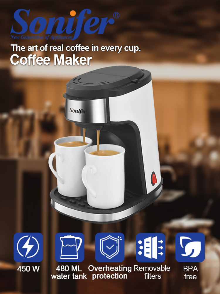 Sonifer 2カップドリップコーヒーメーカー SF-3540 (240ml)、450W、磁器マグカップ2個付き、再利用可能なフィルター、ワンタッチコントロール