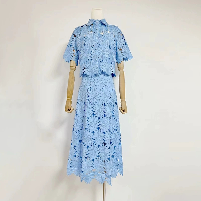 刺繍ツーピースセット女性エレガントな中空アウトかぎ針編みセクシーなクロップトップAラインミディスカートスーツ2ピース衣装レースロングドレス