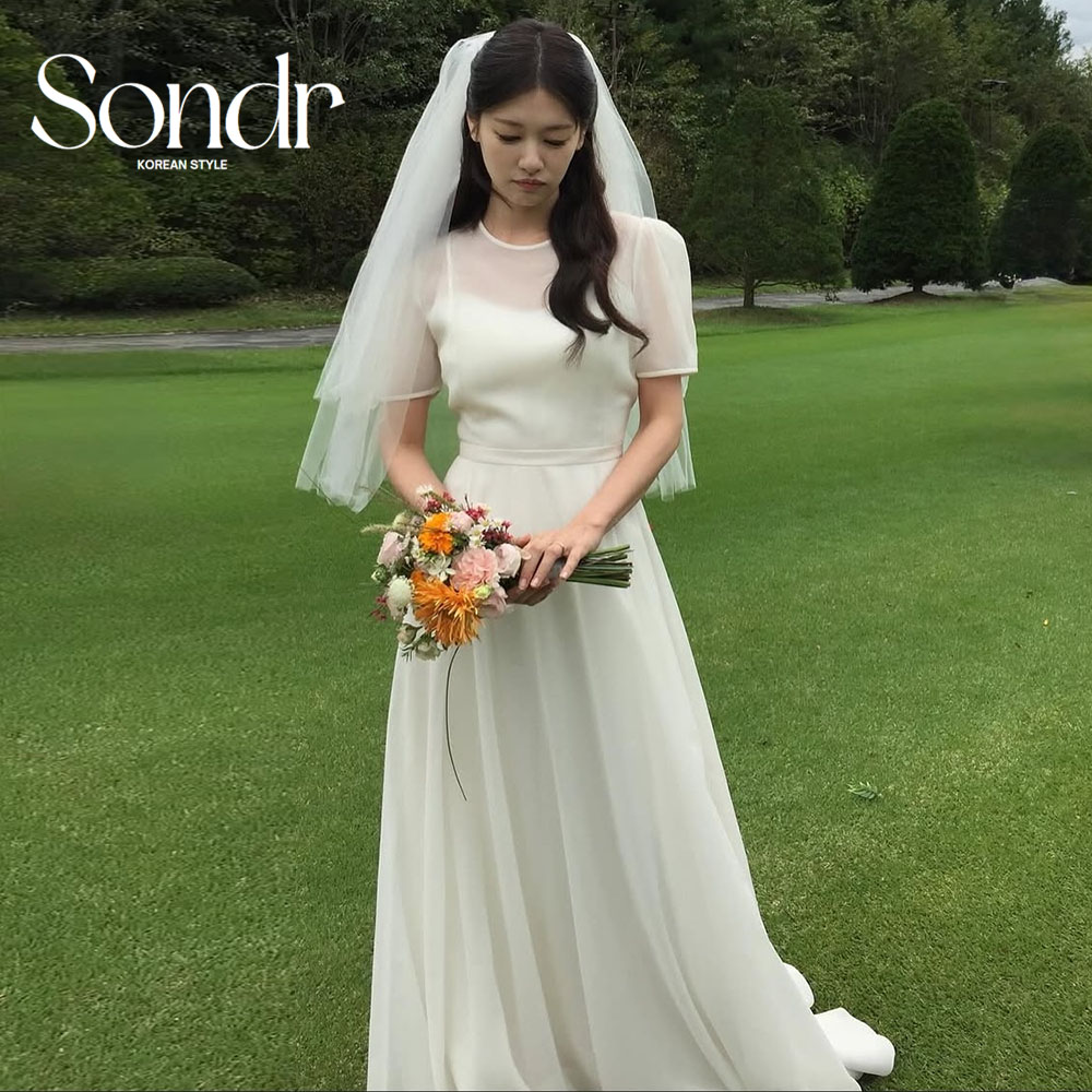 Sondr O ネック半袖韓国のウェディングドレス写真撮影カスタマイズされた A ラインシンプルでエレガントな日本の結婚式のパーティードレス