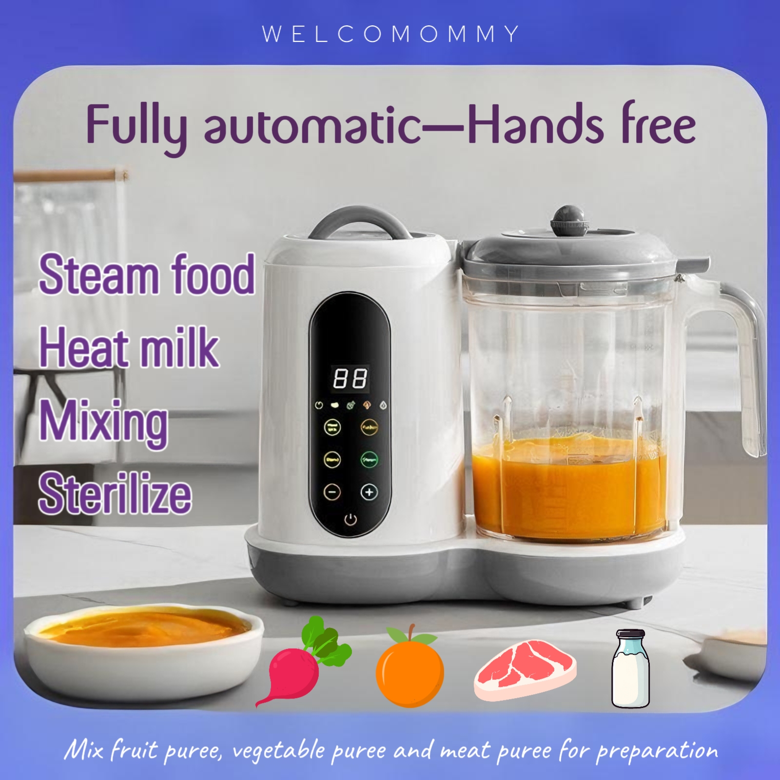 多機能ベビーフードメーカー自動ベビーフードプロセッサー蒸し器食品工場ピューレブレンダーミルクウォーマー温度表示付き