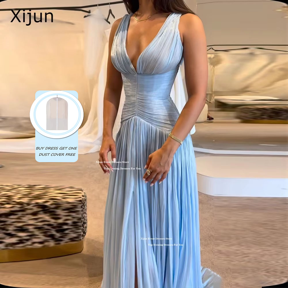 Xijun Sexy Blue Silk Satin Long Evening Dresses V-Neck Sleeveless Prom Dresses Saudi Araric Formal Occasion Prom Gowns Customize