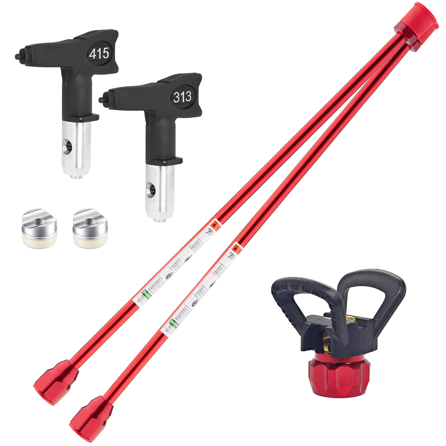 エアレス ペイント スプレー延長ロッド (19.7 インチ) 2 本とリバーシブル ノズル (313 415) 2 個 (ガスケットとベース 1 個を含む)、レッド ガード付きスプレー ガン ヘッド延長ロッド、エアレス P 用ユニバーサル交換ツール