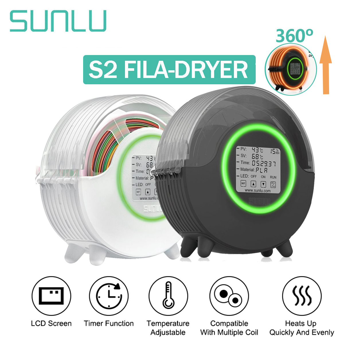 SUNLU S2 3D フィラメントドライヤーアップグレードフィラメントドライヤー LED タッチスクリーンドライボックス 360 度サラウンド加熱調節可能なサーモ 3D 印刷乾燥