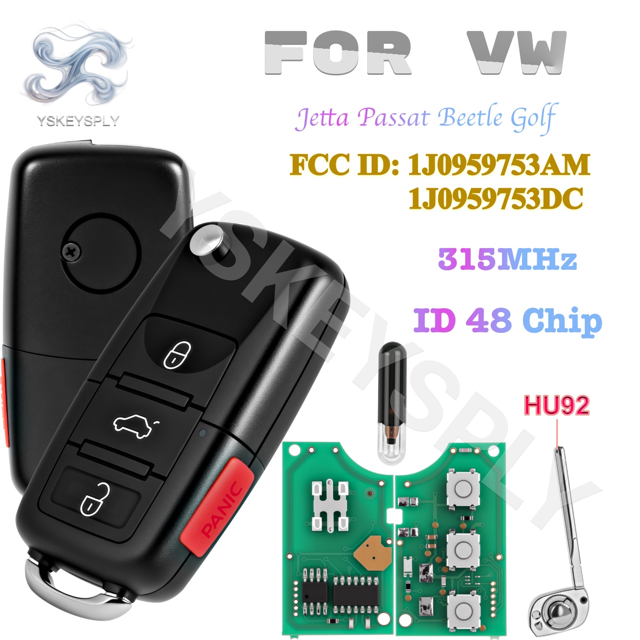 For VW Jetta Passat Beetle Golf Flip Remote Key Fob 1J0959753AM 1J0959753DC ID48 Chip 315MHz Folding Remote Key No Logo