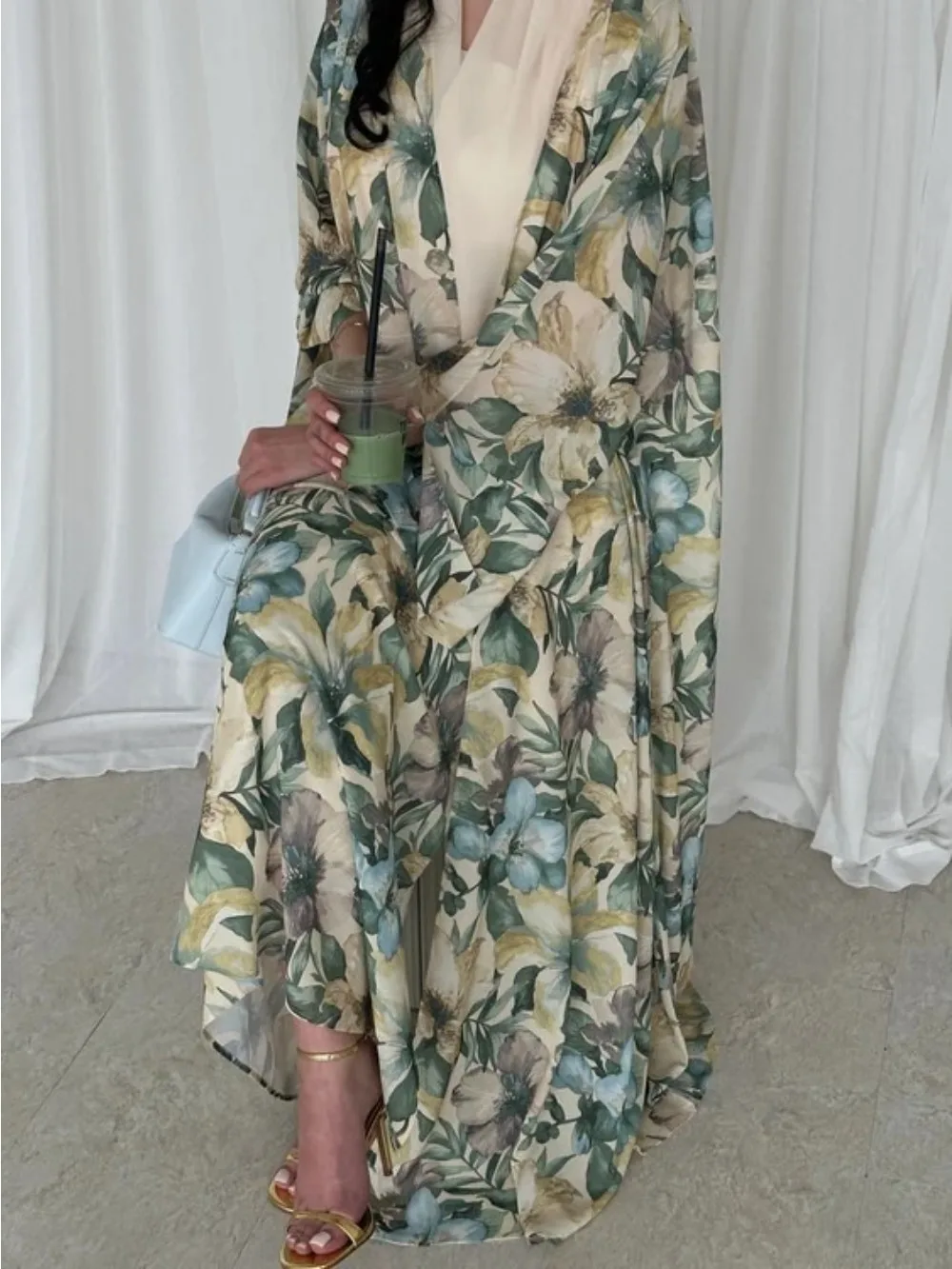 イード女性アバヤスカーフ 2 点セットオープンドレスプリントイスラム教徒ジャラビヤラマダン Vestidos ラルゴスアラブロングローブモロッコドバイカフタン