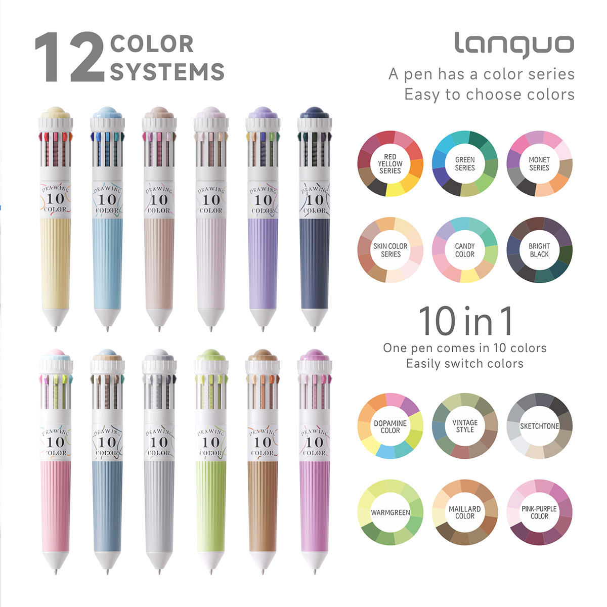 LANGUO マルチカラーペン 28/30色 10in1 カラーボールペン 0.8mm 細字 滑らかな書き心地 格納式ボールペン
