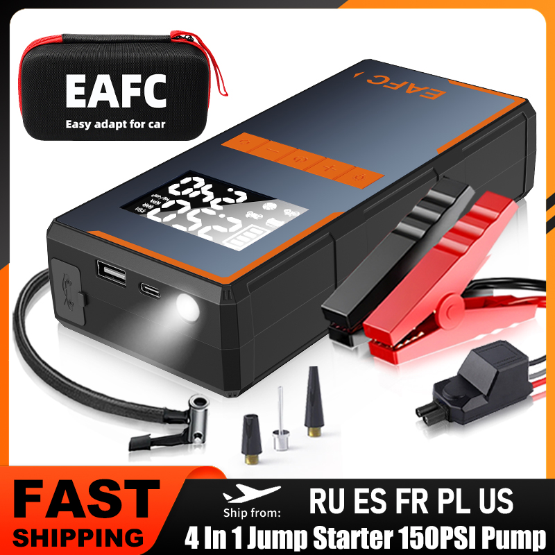 EAFC 4In1 車のジャンプスターター 150PSI 多機能エアコンプレッサーパワーバンクエアポンプタイヤインフレーター車のイグニッションスターター始動