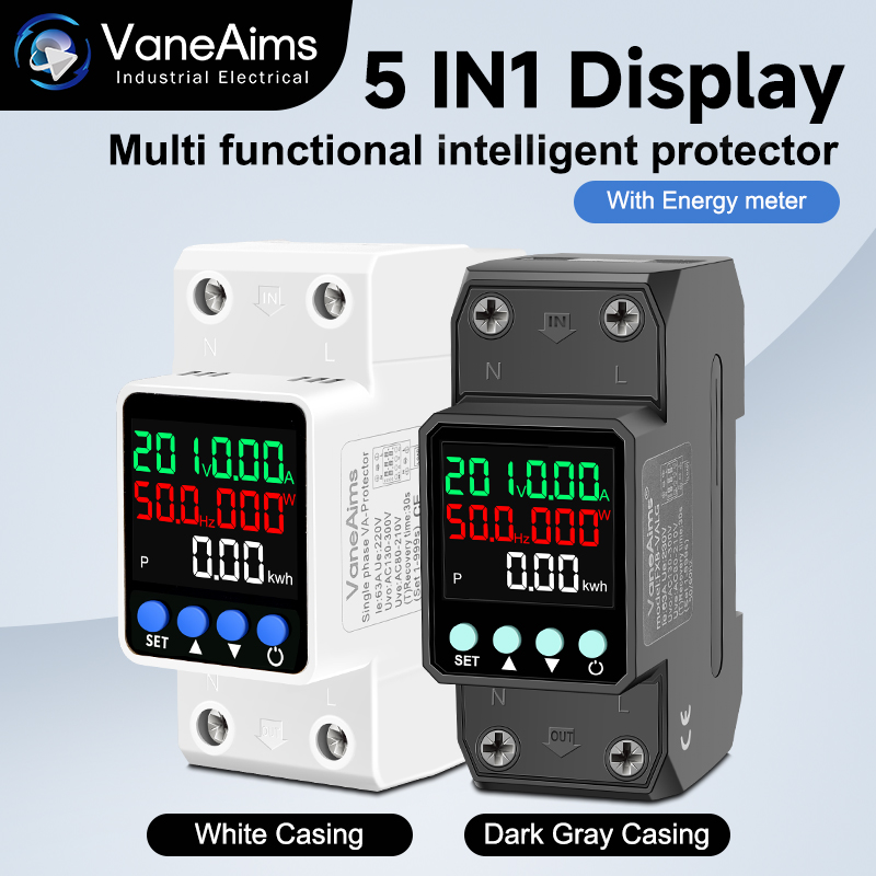 Din レール調整可能な過電圧/不足電圧保護デバイス 63A 220V V/A/KWH/Hz/電源 5in1 デジタルディスプレイ電圧プロテクターリレー