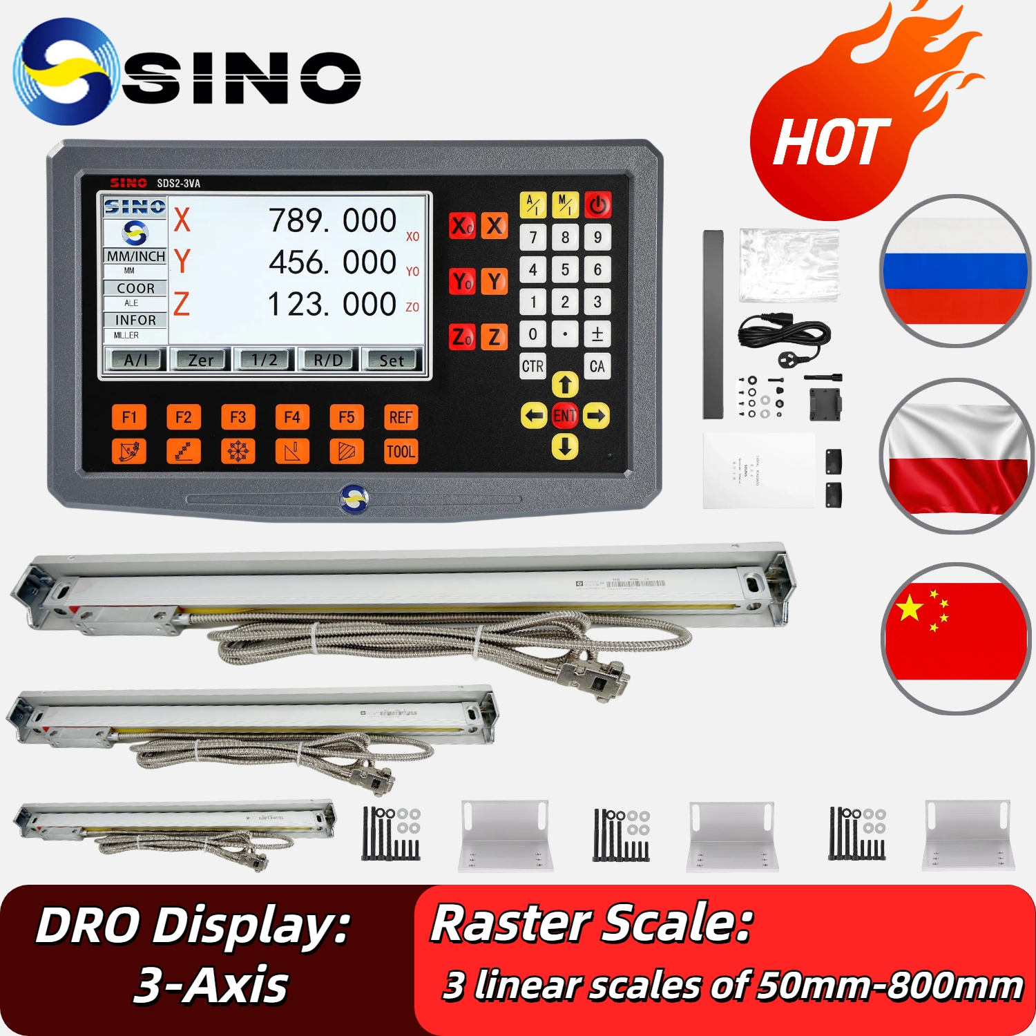 SINO 3 軸 LCD DRO デジタル読み出しキット 3 個または 2 個の DRO リニアスケール格子ガラス定規付きフライス旋盤ツール SDS2-3VA