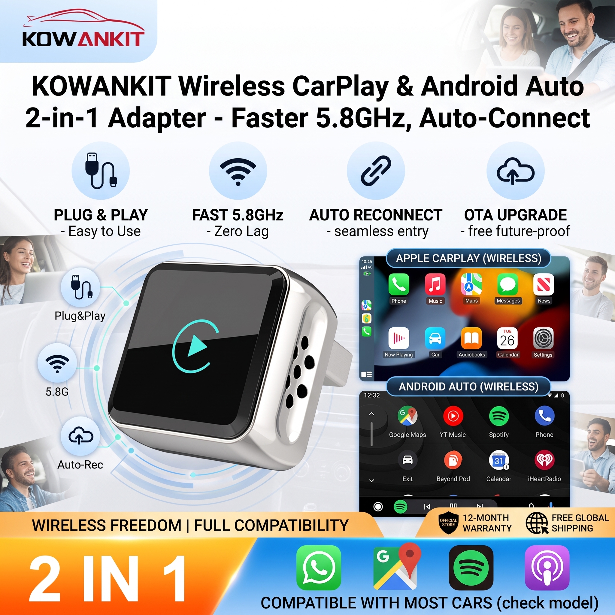 Kowankit 2026 ワイヤレス CarPlay Android 自動アダプター 2 in 1 有線 - ワイヤレス ドングル 5G プラグプレイ ミニ VW トヨタ 日産 ホンダ用