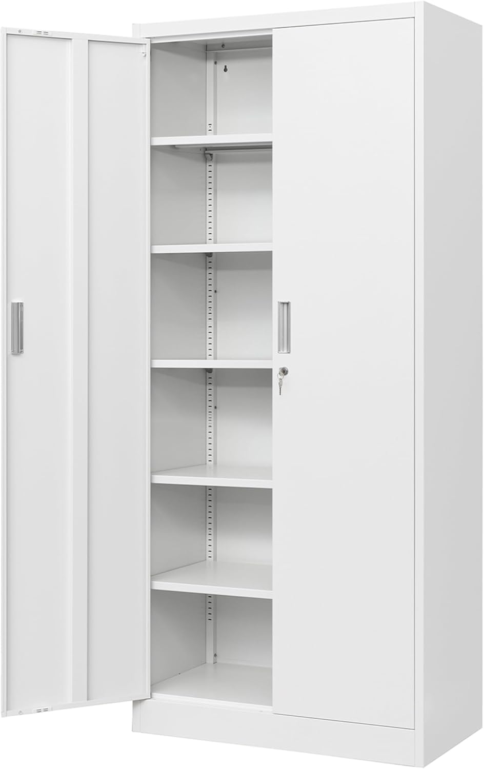 金属製収納キャビネット、高さ71インチのロック付き収納キャビネット、調節可能な棚5枚付き、ガレージ、パントリー用スチールキャビネット (ホワイト)