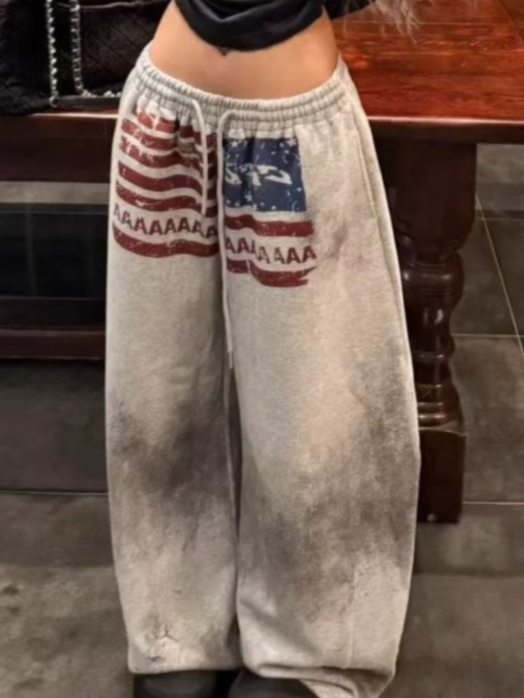 American College Style High Street Gothic Print Drawstring Wide Leg Sweatpants Hip-hop Loose Sports Trousers Floor Length Pants