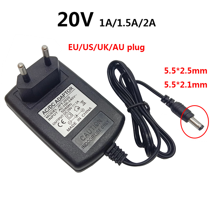 20 ボルト 20V 1A 2A DC 電源 20V 2A ソース AU UK プラグ 20 ボルトアダプタ US EU プラグ AC DC アダプタ 5.5*2.5 ミリメートルスイッチングアダプタ
