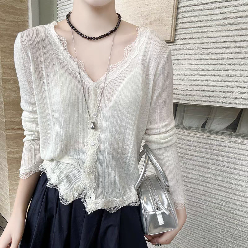女性の刺繍レーストリムカーディガン薄いニット長袖ボタンフロントセーターすくめ夏ティーンガールフェアリーコア衣装