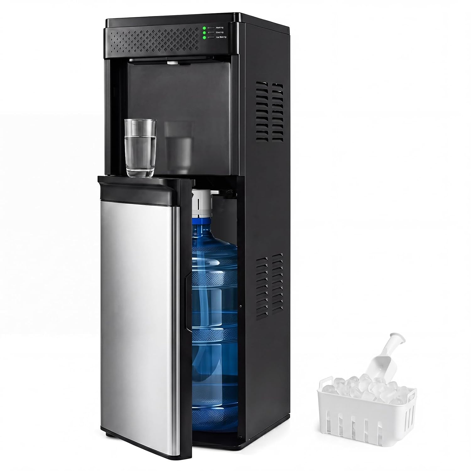 製氷機付きウォーターディスペンサー、5ガロンボトル用3 in 1ボトムローディングウォータークーラー、ステンレススチール製温水および冷水、カスタム