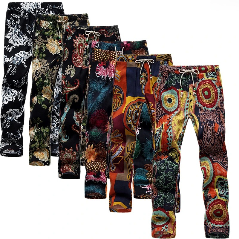 2026 Summer Men Cotton and Linen Pants, Printed Drawstring Ankle Length Pant, Asian Size Men's Slacks. M-5XL