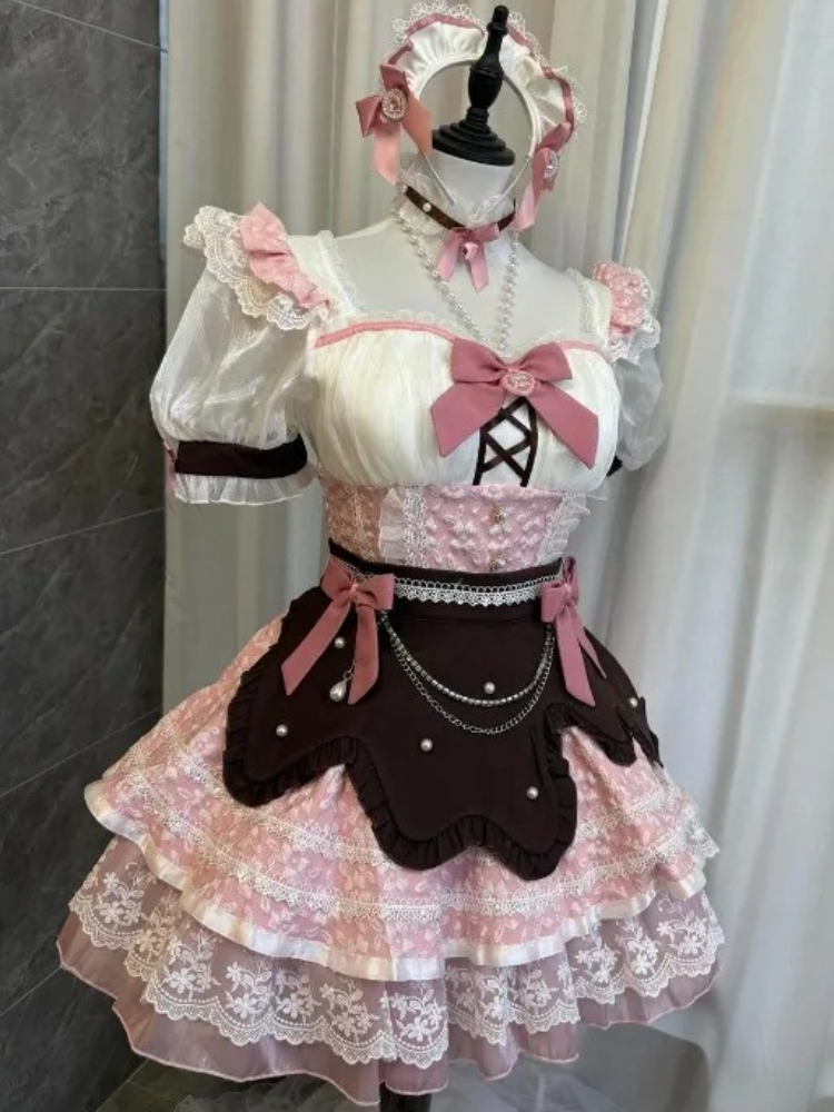 和菓子Y2kロリータメイドスクエアネックパフスリーブレースリボン2点セットドレスピンクホワイトティアード誕生日ドレス女性用