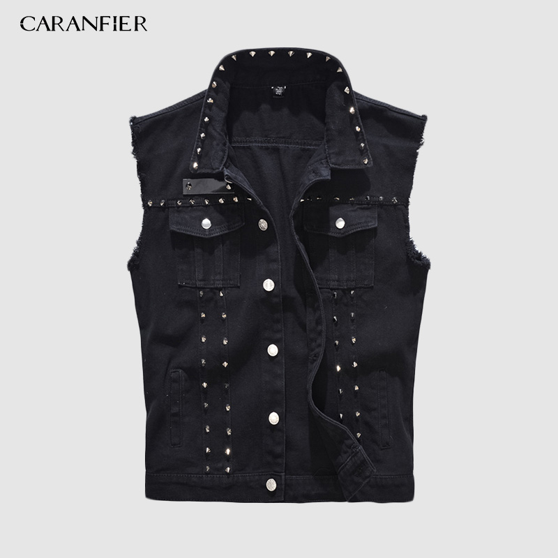 CARANFIER 5XL デニムベストメンズパンクロックスタイルリベットカウボーイ黒ジーンズチョッキ男性オートバイジャケットノースリーブジーンズコート