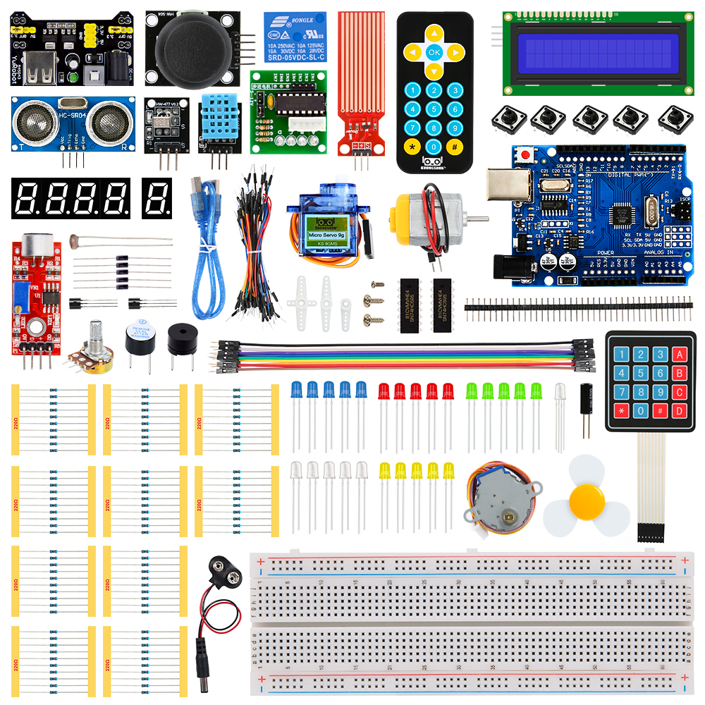 KUONGSHUN スーパー スターター キット ブレッドボード 1602 IIC ジャンパー ワイヤー セット R3 を含む Arduino UNO 用 チュートリアル付き
